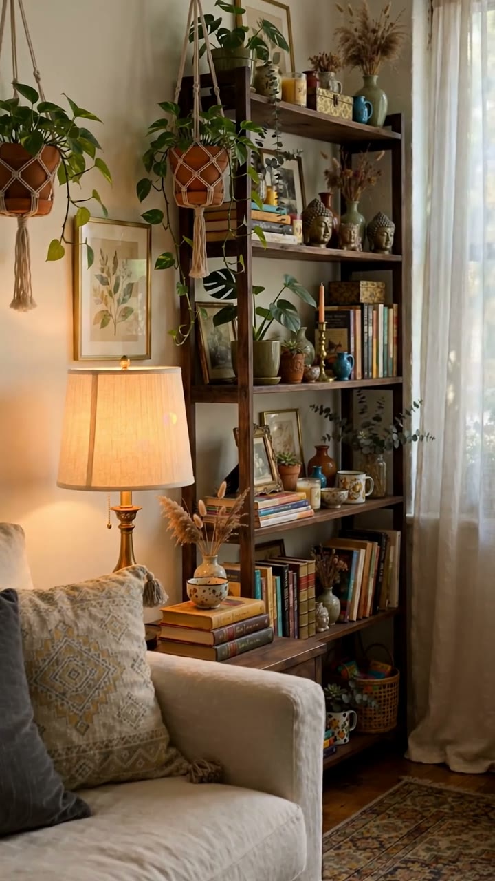 Cozy rental living room ideas with layered textiles and warm lighting, styled with no wall damage