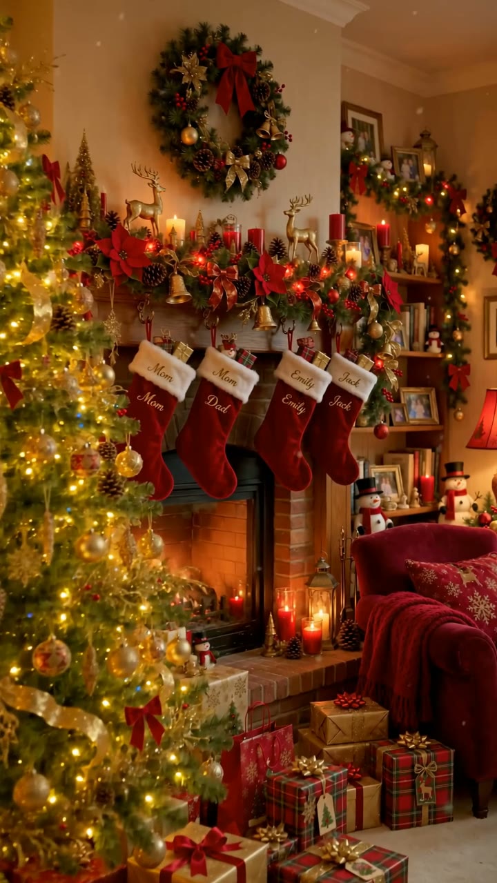 Christmas living room decor ideas for renters with decorated tree and garland, styled with no nails or wall damage