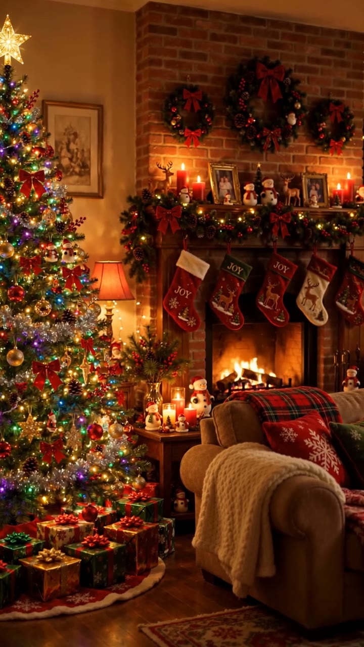 Cozy christmas living room in a rental at night with warm lights, tree glow, and layered textures