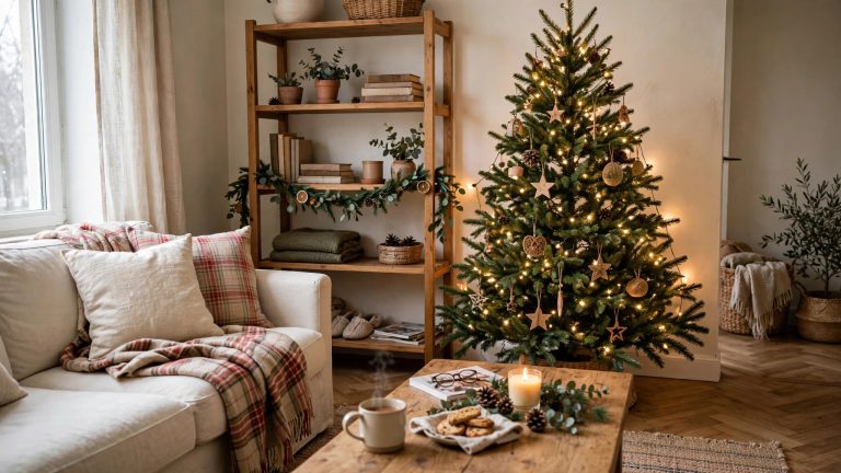Renter friendly Christmas decor no nails — cozy apartment living room with Christmas tree