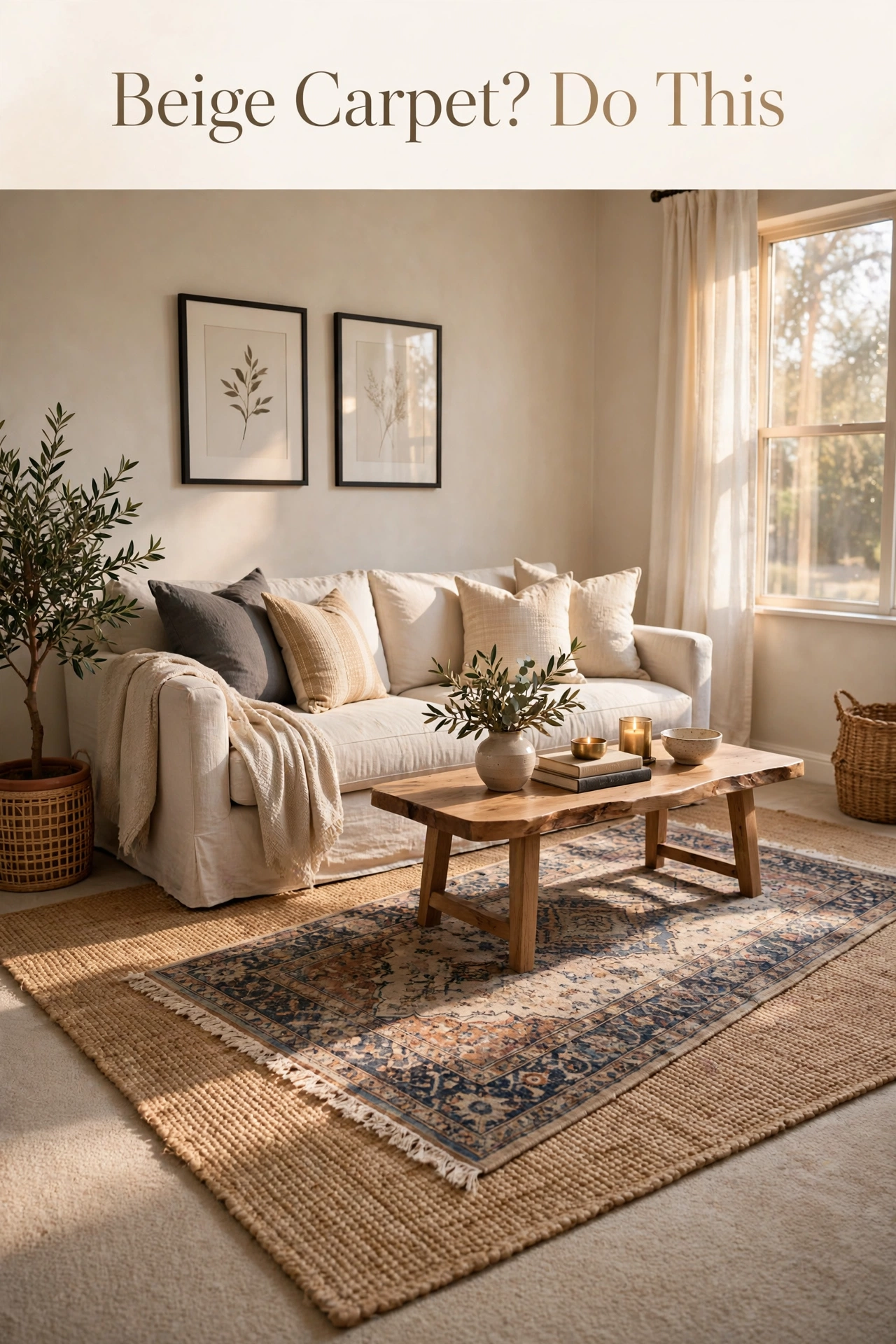 Beige carpet living room ideas for rentals with layered patterned rug over wall-to-wall carpet