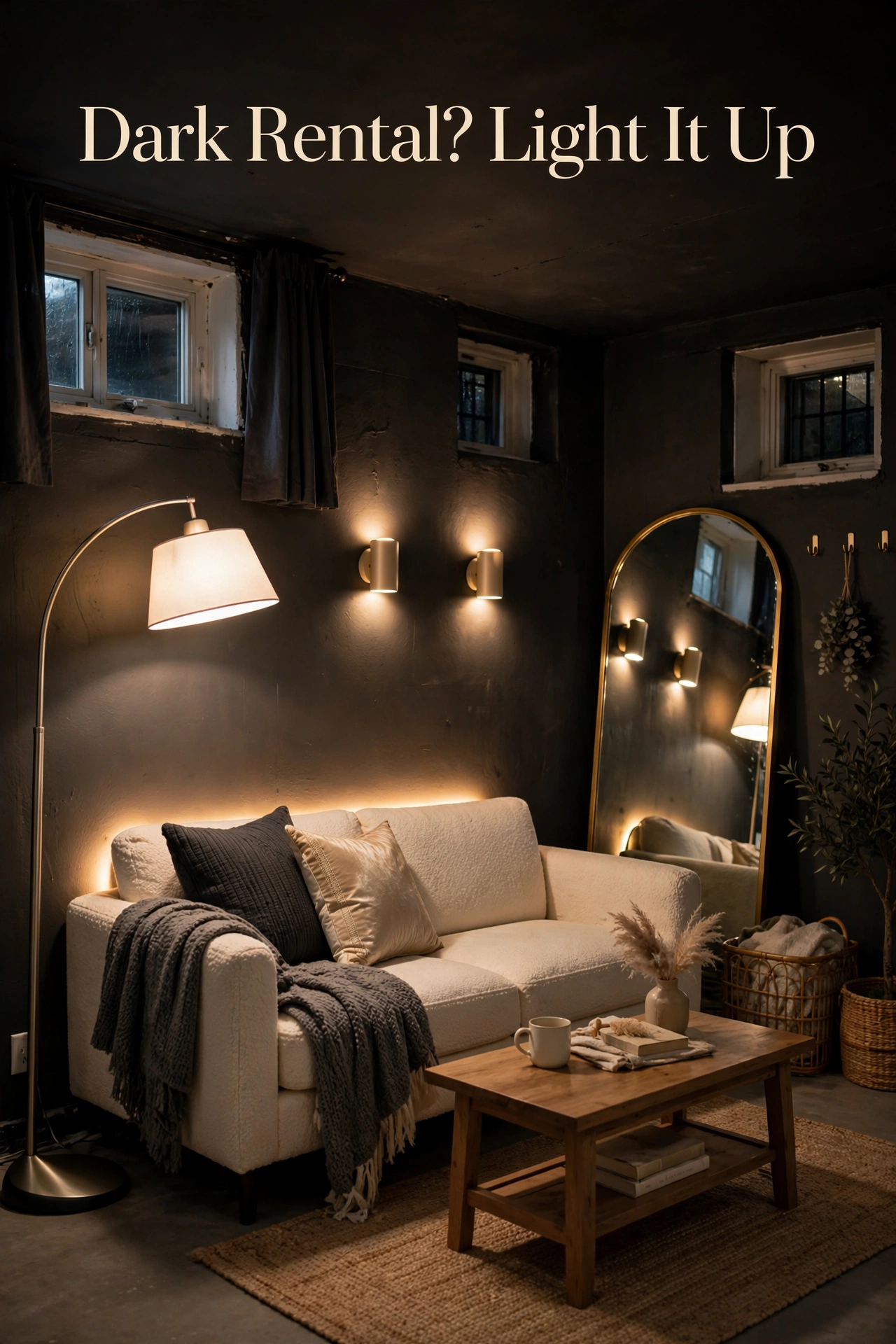Dark apartment lighting ideas with layered lamps and warm bulbs brightening a rental living room