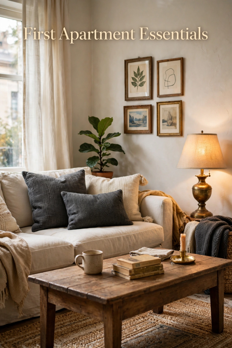 First apartment essentials on a budget: cozy starter living room with affordable furniture