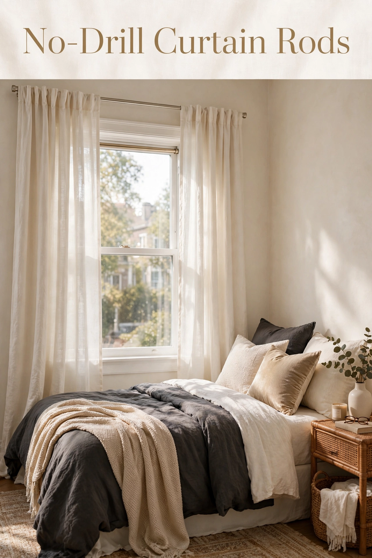 No drill curtain rods for renters holding linen curtains in a bright apartment window