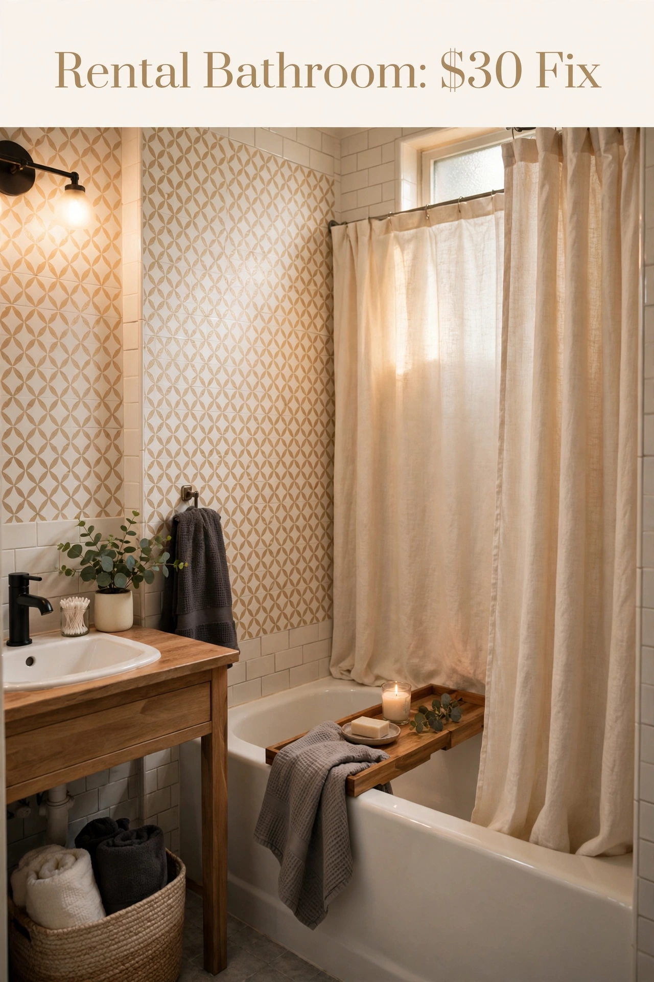 Rental bathroom decor with no damage: styled peel-and-stick makeover in a small apartment bathroom