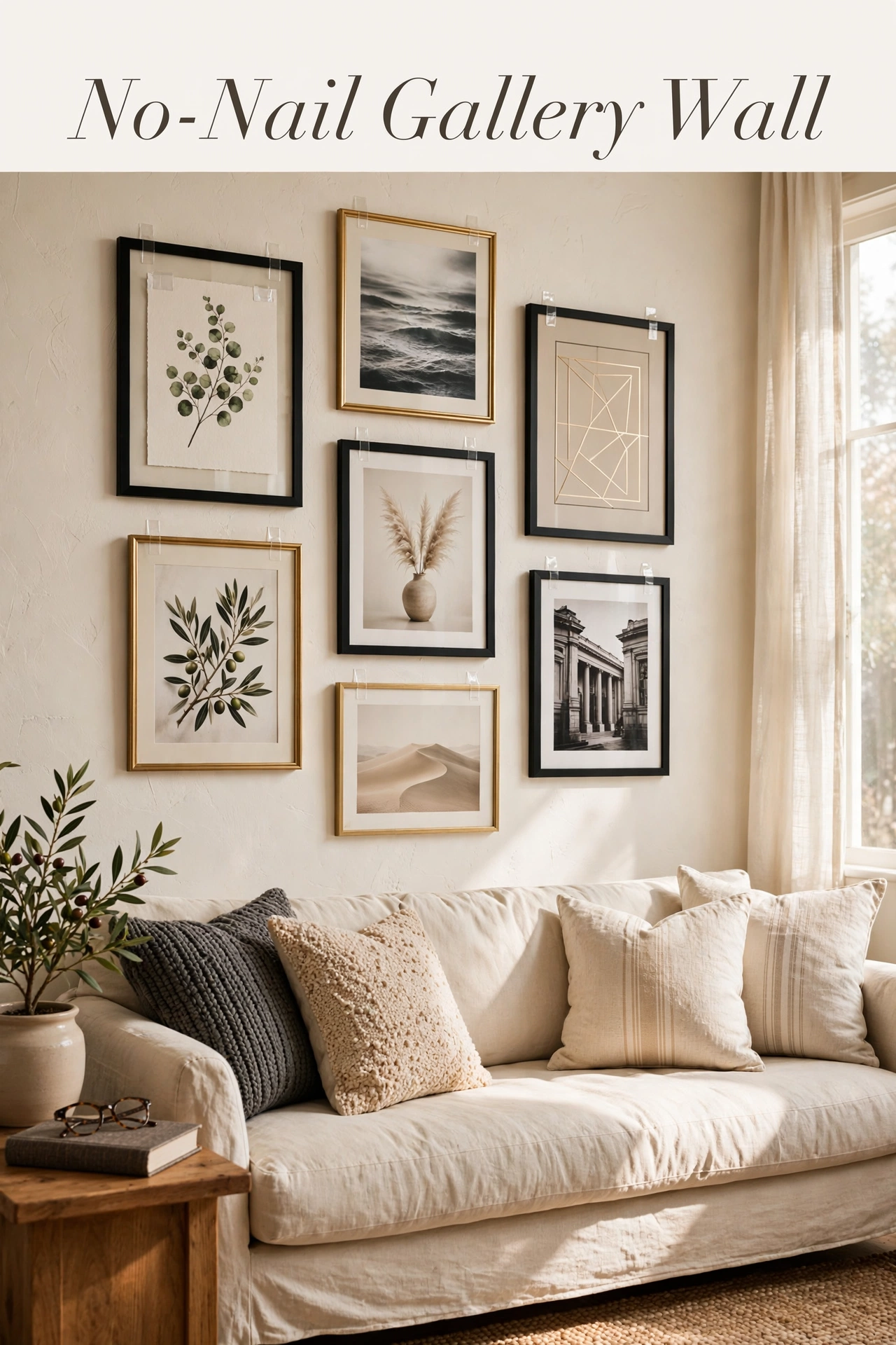 Renter friendly gallery wall with no nails using picture hanging strips in a cozy apartment