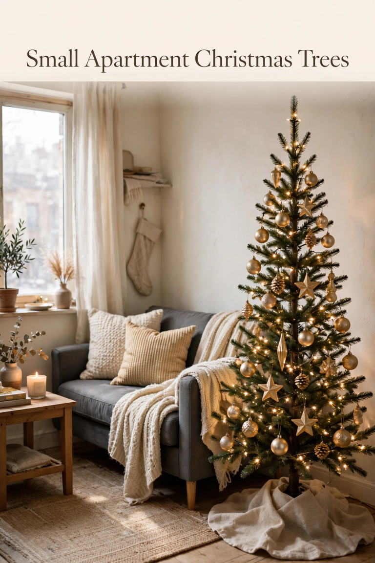 Cozy small apartment Christmas tree ideas with slim tree in a tiny rental living room