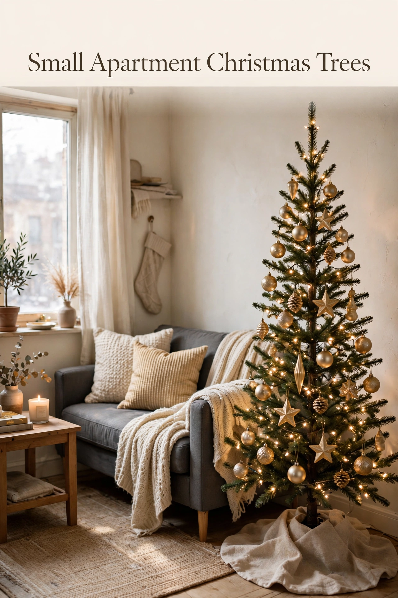Cozy small apartment Christmas tree ideas with slim tree in a tiny rental living room