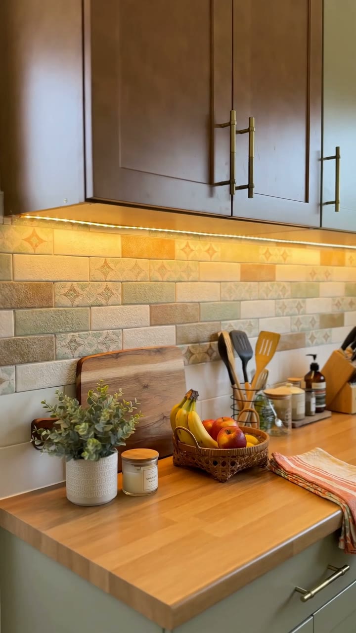Renter friendly kitchen upgrades no drill: peel and stick backsplash and removable cabinet hardware in a rental kitchen