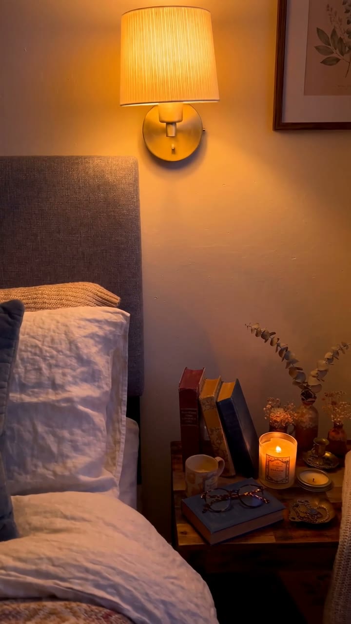 Wireless wall sconce no hardwire rental bedroom styled with warm ambient lighting and adhesive mounting
